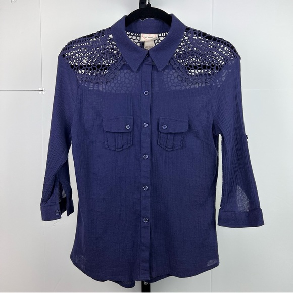 Self Esteem Navy Collar Lace Gauzy Button Down Blouse 3/4 Roll Up Sleeves Small - Picture 1 of 10